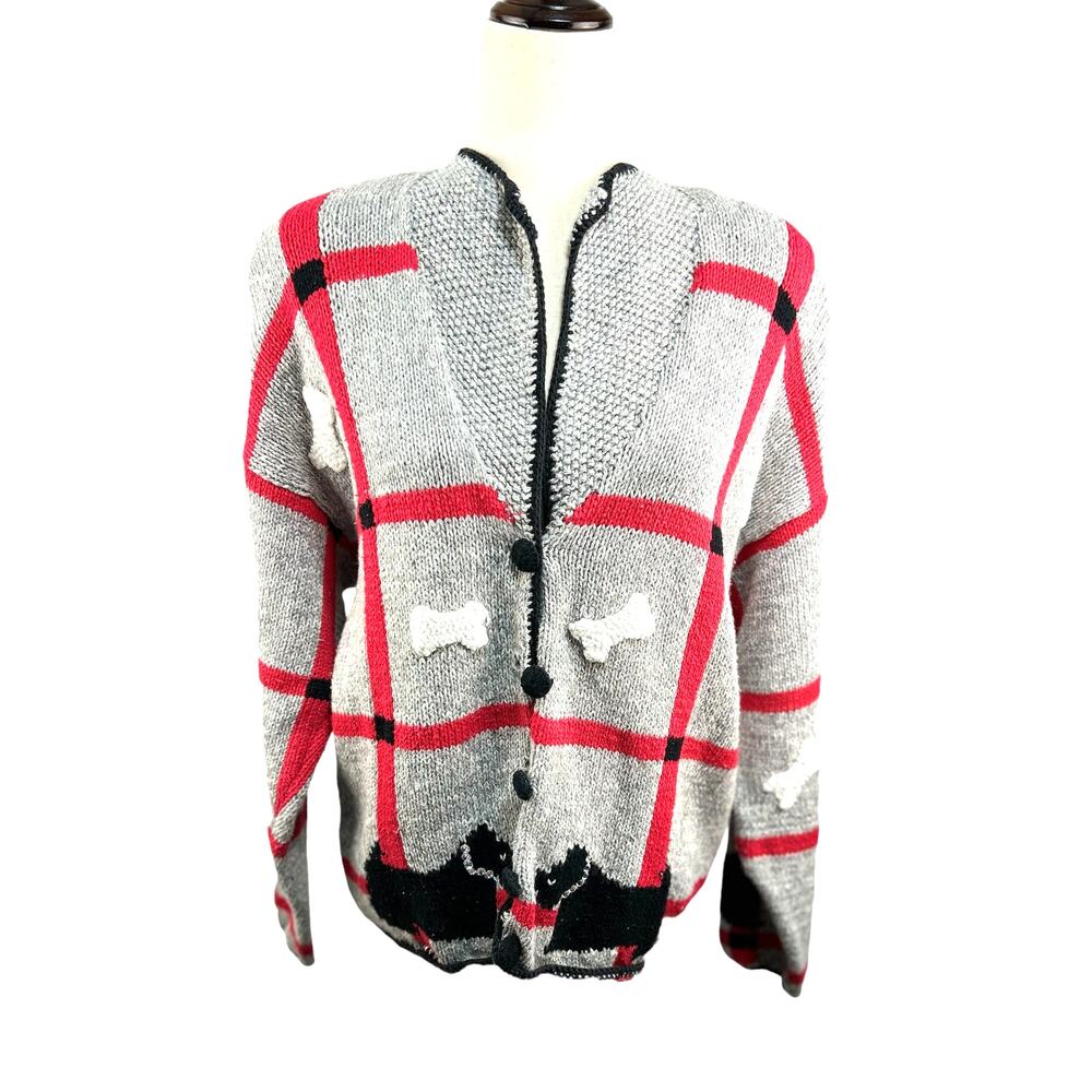 Vintage Cardigan Bay Gray Cardigon Black Trim Red Black Scottie Dogs Size XL EUC